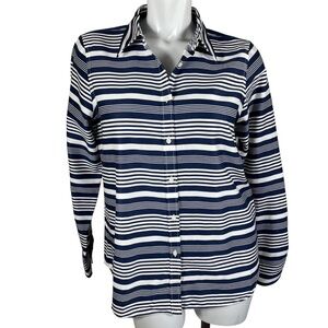 Chaps 100% Cotton No Iron Navy Blue & White Striped Long Sleeve Shirt in Large